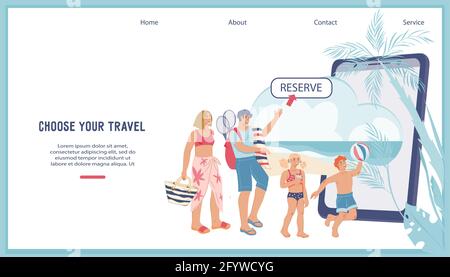 Online Booking tickets and hotels website banner template with family arranging vacation via mobile phone app. Traveling and vacation booking webpage, Stock Vector