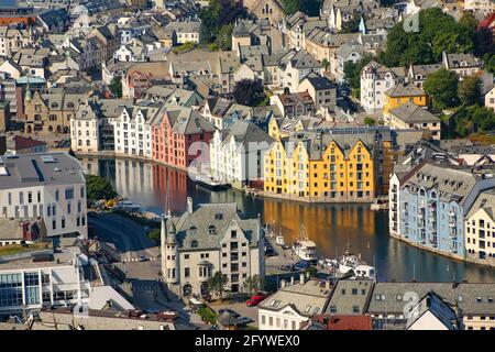 Close up of the beautiful buildings in the town centre from above. Art nouveau architecture and canals from the viewpoint Aksla, Alesund, Norway. Stock Photo
