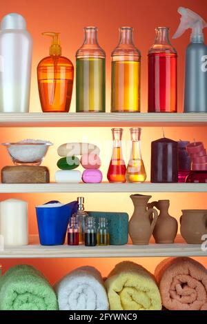 Variety of cosmetic products on the shelf Stock Photo