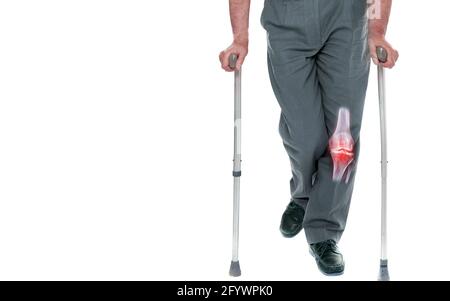 Old Man With Stuff Walking.walking stick or staff cane for patient  or Aged Grandfather showing left knee pain isolated on whith background. clipping Stock Photo