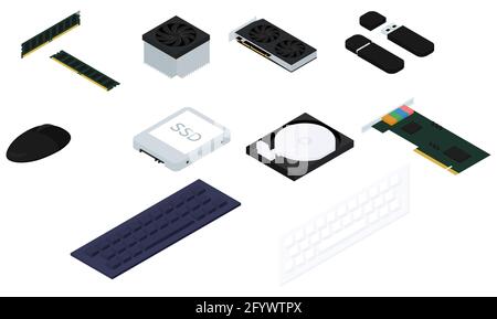 Computer isometric parts vector graphic hardware illustration isolated on white. Stock Vector