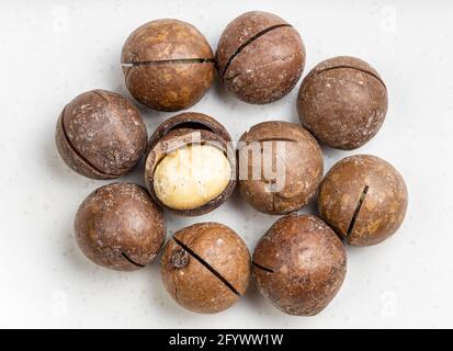 several sawn and shelled macadamia nuts close up on gray ceramic plate Stock Photo