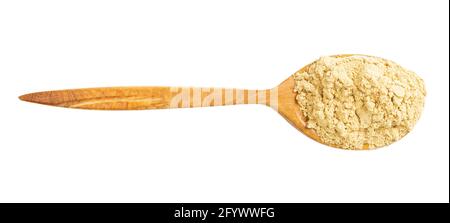 top view of wood spoon with ginger powder isolated on white background Stock Photo