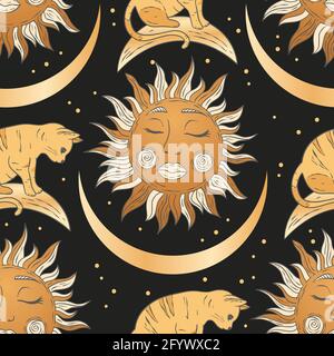 Celestial cat animal seamless pattern design with moon and sun. Vector astrology boho esoteric gold and magic fantasy background. Stock Vector