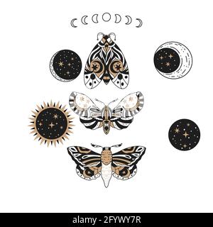Boho butterfly, sun and moon vector set. Beautiful moth vector magic ornament, celestial element illustration. Stock Vector