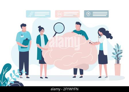Doctors conduct various studies on brain. Female character examines brain with magnifying glass. Group of medical staff in white coats. Idea of medica Stock Vector
