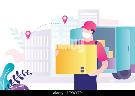 Male courier in protective mask holds parcel. Fast delivery of goods, coronavirus pandemic. Security measures during covid-19 epidemic. Truck with man Stock Vector