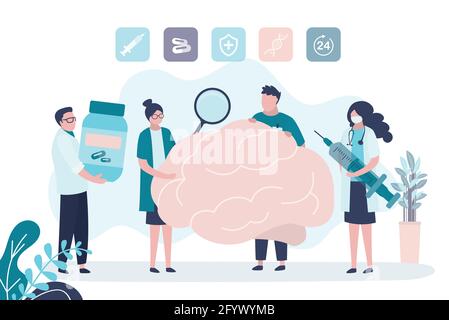 Medical staff treat brain disease. Group doctors and nurses in uniform. Women examine organ with magnifying glass. Concept of healthcare, diagnostics Stock Vector