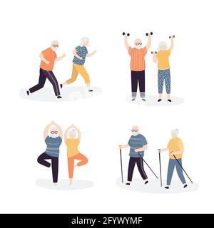 Set of old people doing sports exercises. Elderly couple running, walking and doing yoga poses. Outdoor fitness for grandparents. Seniors isolated on Stock Vector