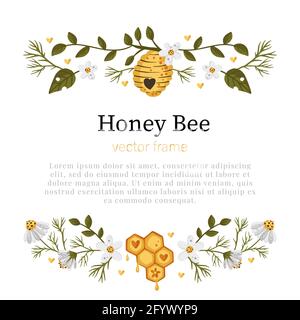 Honey bee cartoon frame border. Vector frame element. Greeting postcard advertisement divider. Stock Vector