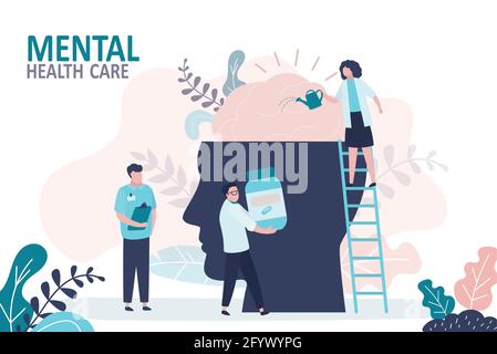 Mental health care treatment. Doctor stands on stairs with watering can. Group of neurologists treat patient. Concept of brain care and psychotherapy. Stock Vector
