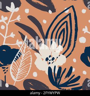 Abstract flower seamless floral pattern. Ink brush vector textured hand drawn background. Stock Vector