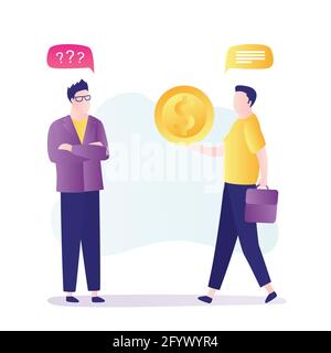 Bank clerk carries money for borrower. Employee holds golden coin. Searching for financing or loans. Banking service banner. Male characters in trendy Stock Vector
