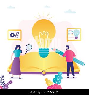 Book or textbook with new ideas. Business people get knowledge from guide book or user manual. Businessman looking for new ideas, project development. Stock Vector