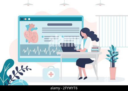 Сardiologist checks cardiogram heart. Doctor examines cardiovascular system for diseases. Concept of cardiology and checkup. Female character works in Stock Vector