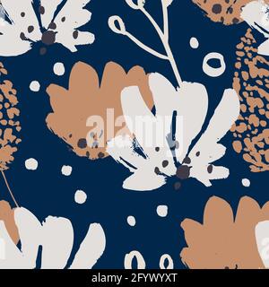 Abstract flower seamless floral pattern. Ink brush vector textured hand drawn background. Stock Vector