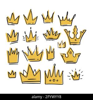 Doodle crown yellow cartoon queen sketch set. King icon illustration design. Vector princess graphic. Stock Vector