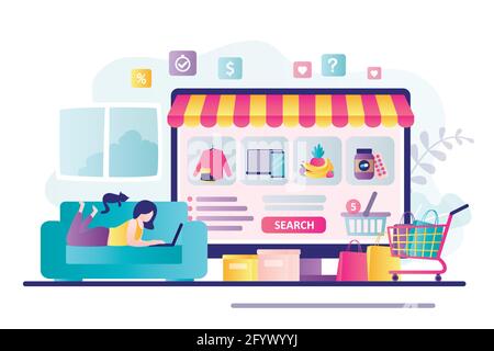 Cute woman lies with laptop on couch. Female character buys different goods in internet store. Various products on computer screen, marketplace. Onlin Stock Vector