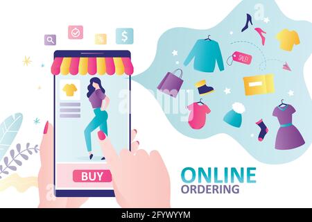 Mobile app to buy various clothes. Female model show product on smartphone screen. Concept of online ordering, shopping and discount. Hands holding mo Stock Vector