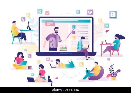 E-learning banner concept. Online education, home schooling. Male teacher on laptop screen. Group of students in distance learning. Web courses or tut Stock Vector