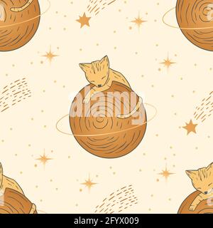 Celestial cat animal saturn space planet seamless pattern design. Vector astrology boho esoteric gold and magic fantasy background. Stock Vector