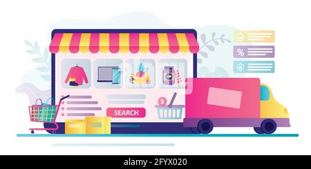 Various products in internet shop, online store showcase. E-commerce and fast delivery. Different goods in shopping trolley. Technology of shopping in Stock Vector