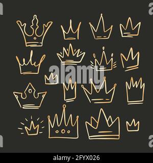 Doodle crown golden gradient queen sketch set. King icon illustration design. Vector princess graphic. Stock Vector