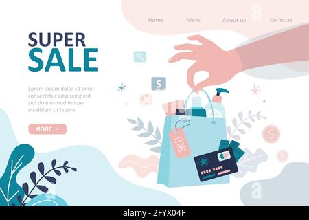 Super sale landing page template. Female hand holds package full of beauty products. Sale of various healthcare cosmetics, skincare. Discount card, sh Stock Vector