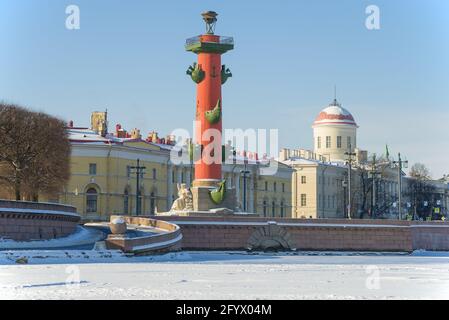 View of the northern Rostral column on a February afternoon. Saint Petersburg, Russia Stock Photo