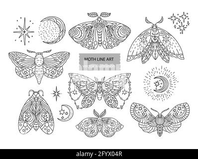 Boho butterfly line vector set. Beautiful moth vector magic ornament, celestial element illustration. Stock Vector