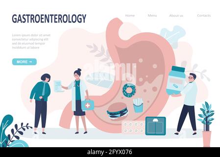 Doctor writes prescription for girl. Poor digestion from unhealthy food. Female character at gastroenterologist appointment. Treatment disease concept Stock Vector