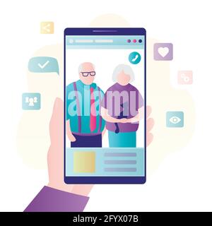 Hand holds mobile phone with video chat app on screen. Online video conference. Video conversation with parents or grandparents. Remote communication Stock Vector