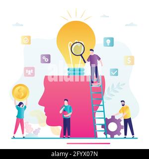 Concept of imagination and teamwork. Man looking at light bulb through magnifying glass. Team searching for new idea. Business people brainstorming. B Stock Vector