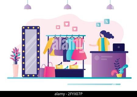 Clothing store interior. Female seller behind counter. Different clothes hanging on hanger. Fashion store. Сoncept of business, shopping and boutiques Stock Vector