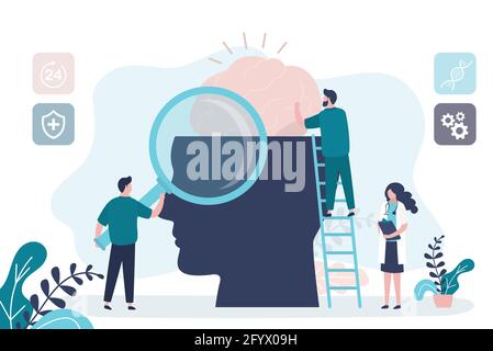 Mental health care treatment concept. Specialist doctor work to give psychology therapy. Tiny people, teamwork. Funny characters in trendy style. Medi Stock Vector