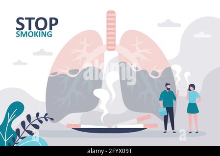 Banner on theme stop smoking. Unhealthy and contaminated lungs. Male and female character smoking cigarettes. Concept of destroy bad habits and treatm Stock Vector