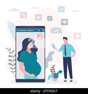 Online video conference. Businessman use smartphone and talking with pregnant wife. Big mobile phone with video chat application. Remote communication Stock Vector
