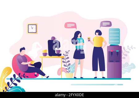 Employee drink coffee at lunch time. Two colleagues standing near water cooler and communicate. Business people relax on office break. Coffee machine Stock Vector