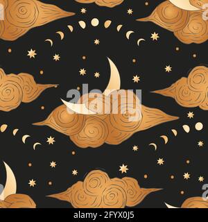 Celestial moon golden seamless pattern. Gold magic alchemy background, astrology art. Vector illustration Stock Vector