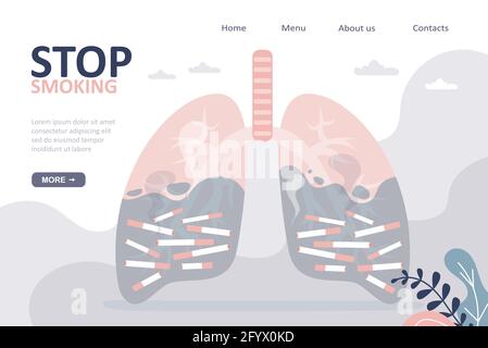 Stop smoking landing page template. Sick lungs filled with smoke and cigarettes. Motivating, warning banner. Affected respiratory organ. Pulmonology a Stock Vector