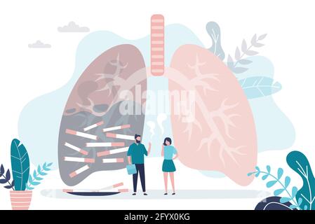 Man and woman smoking cigarettes. Healthy and unhealthy lung on background. Sick lung filled with smoke and cigarettes. Concept of bad habit and nicot Stock Vector