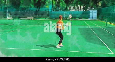 The girl plays tennis on the court. Artistic work on the theme of sports and recreation Stock Photo