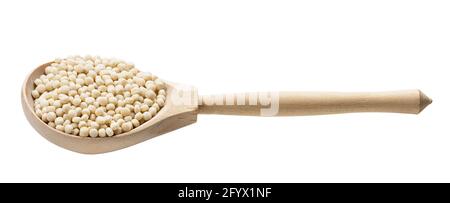 israeli pearl couscous in wooden spoon isolated on white background Stock Photo