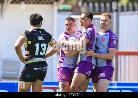 Greg Minikin (3) of Hull KR celebrates his try Stock Photo