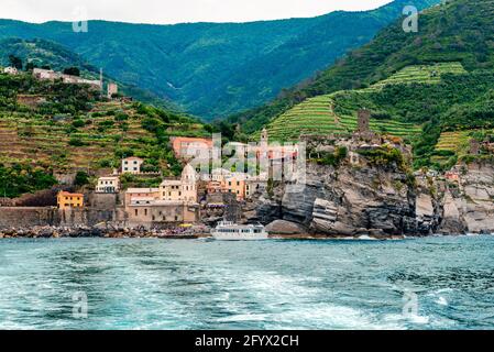 Vernazza, one of the five towns that make up the Cinque Terre region, in Liguria, Italy. It is one of the truest fishing villages on the Italian Rivie Stock Photo