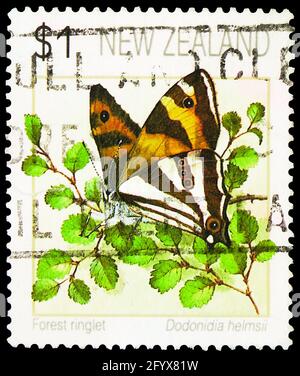 MOSCOW, RUSSIA - SEPTEMBER 27, 2019: Postage stamp printed in New Zealand shows Forest Ringlet (Dodonidia helmsii), Definitives – Butterflies (1991-20 Stock Photo