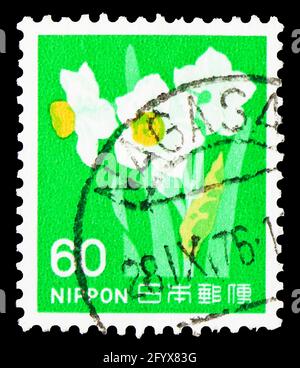 MOSCOW, RUSSIA - SEPTEMBER 27, 2019: Postage stamp printed in Japan shows Narcissus, Fauna, Flora and Cultural Heritage serie, circa 1976 Stock Photo