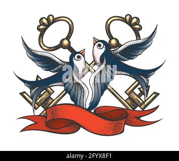Tattoo of Swllows and golden Keys drawn in engraving style. Love concept. Vector illustration. Stock Vector