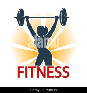 Woman silhouette with barbell. Fitness exercises concept. Fitness center or Gym emblem. Isolated on white vector illustration. Stock Vector