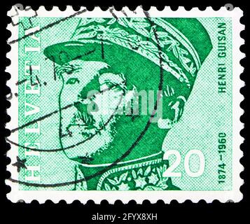 MOSCOW, RUSSIA - SEPTEMBER 27, 2019: Postage stamp printed in Switzerland shows Henri Guisan (1874-1960) general, Famous people serie, circa 1969 Stock Photo